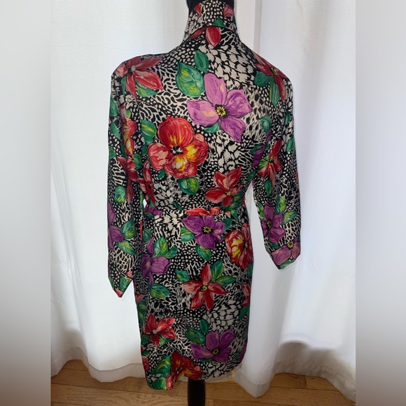 California Dynasty Vintage Satin Robe with shoulder pads floral animal print - Picture 4 of 7